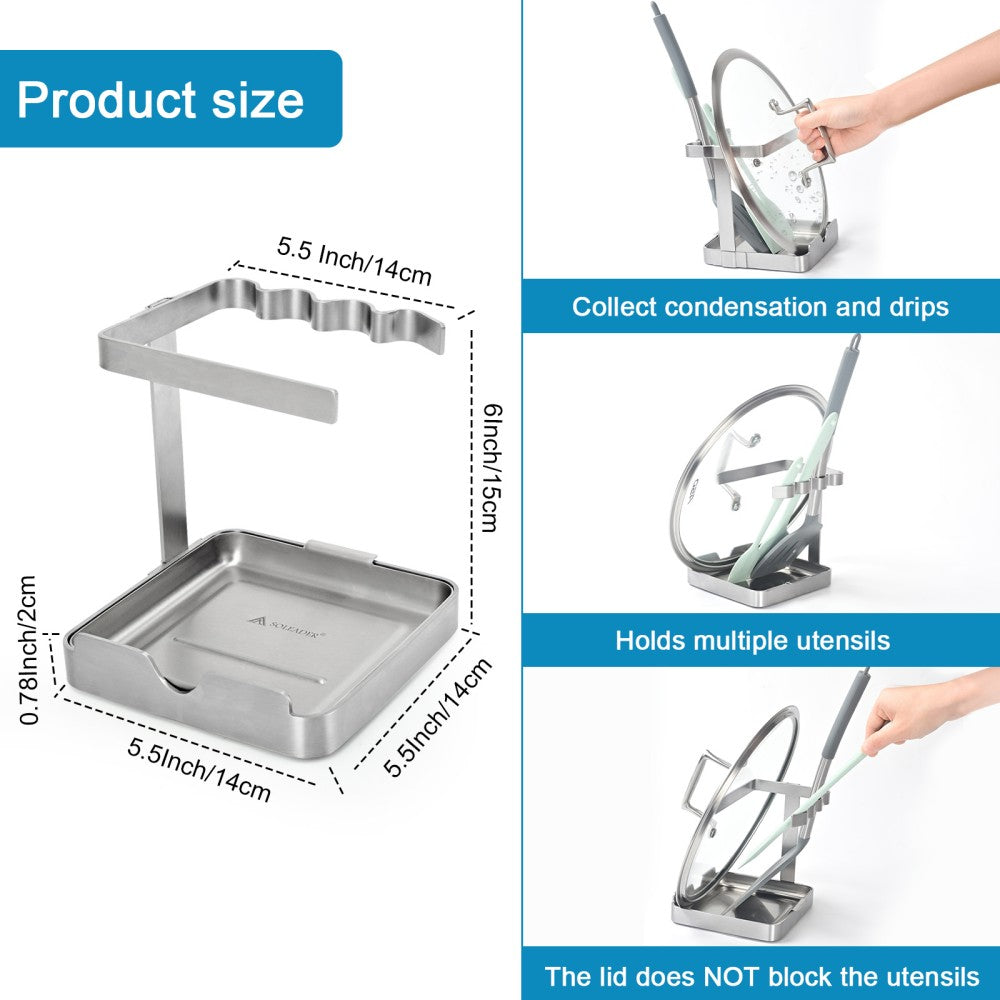 Pot Lid Holder Stainless Steel - Spoon Rest with Drip Tray Organizer
